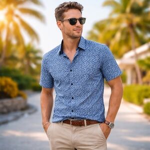 English Laundry Blue Floral Short Sleeve Button-Up Shirt Cotton Blend Shirt Men